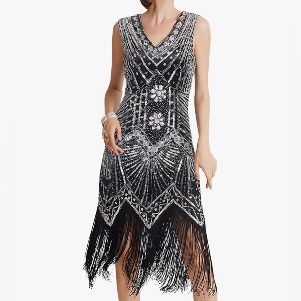 Elegant Black Beaded Fringe Dress